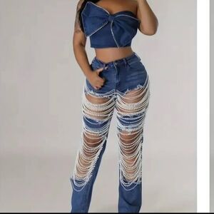 Denim Pearl Embellished jeans
